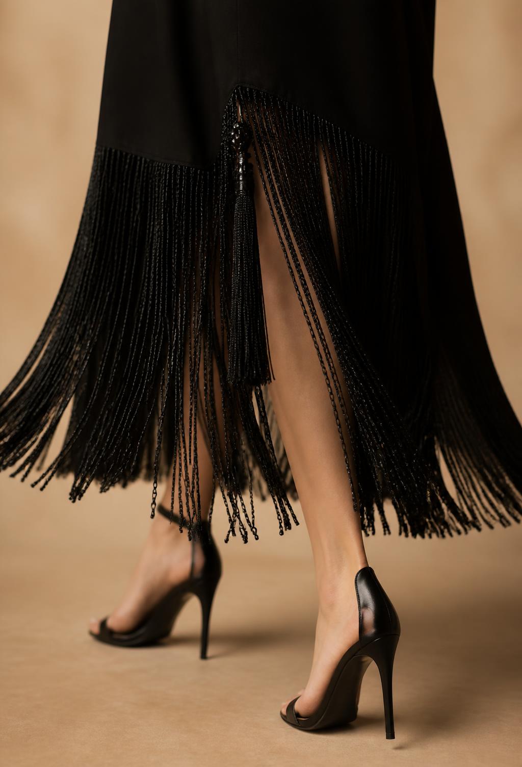 Chainette fringe hem on a black evening skirt